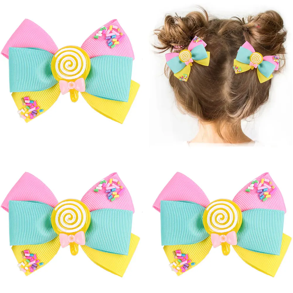 2Pcs Lollipop Hair Bow Clip Cute Candy Girls Rainbow Hairpin Ribbon Bowknote Headwear Toddler Barrettes Girls Hair Accessories