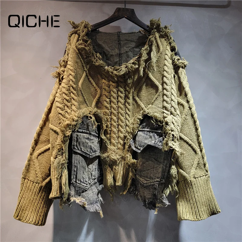 QICHE 2026 Autumn Winter New Women Crew‑Neck Long‑Sleeve Cropped Sweater Cable‑Knit Spliced Denim Casual Outerwear