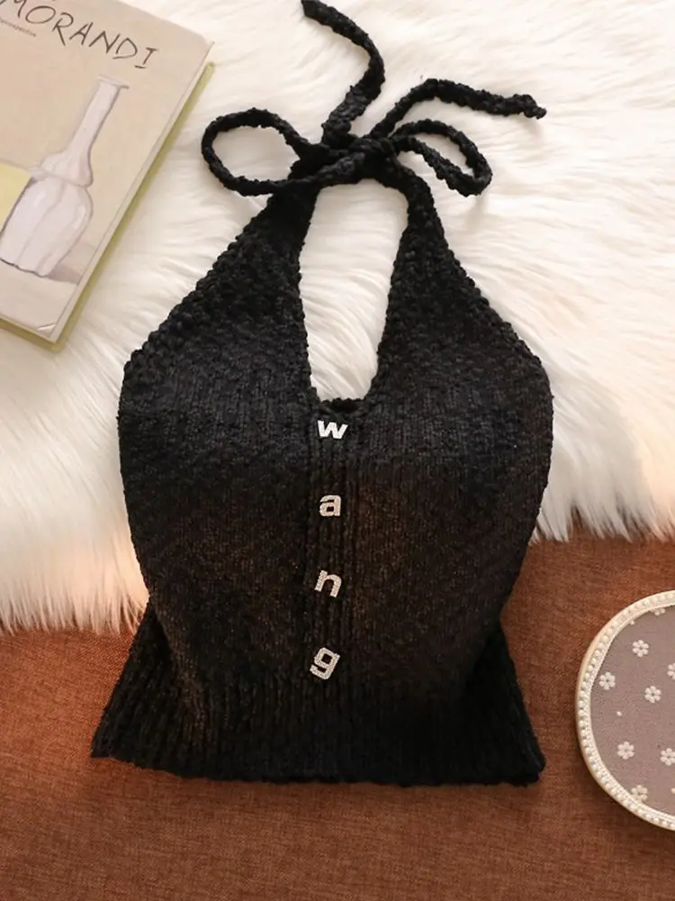 Hot Girl Halterneck Suspender Top Women Inner Wear Camisole Outer Wear Tank Top Design Sense Sexy Beauty Back Cropped Knit Vest