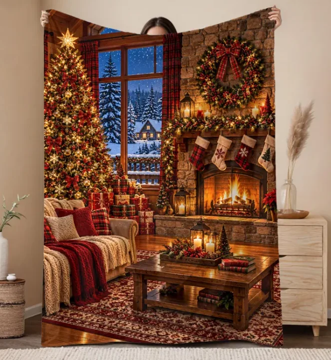 Cozy Christmas Living Room Sherpa Blanket  Holiday Fireplace  Christmas Blanket  Cozy Christmas Throw  Holiday Decor