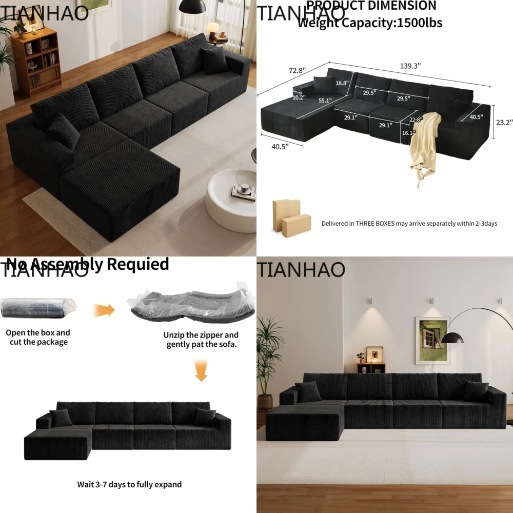 Cloud Sectional Sofa for Large Living Room Deep Seat Modular L Shape Frameless Corduroy 4 Seater Left Chaise Black