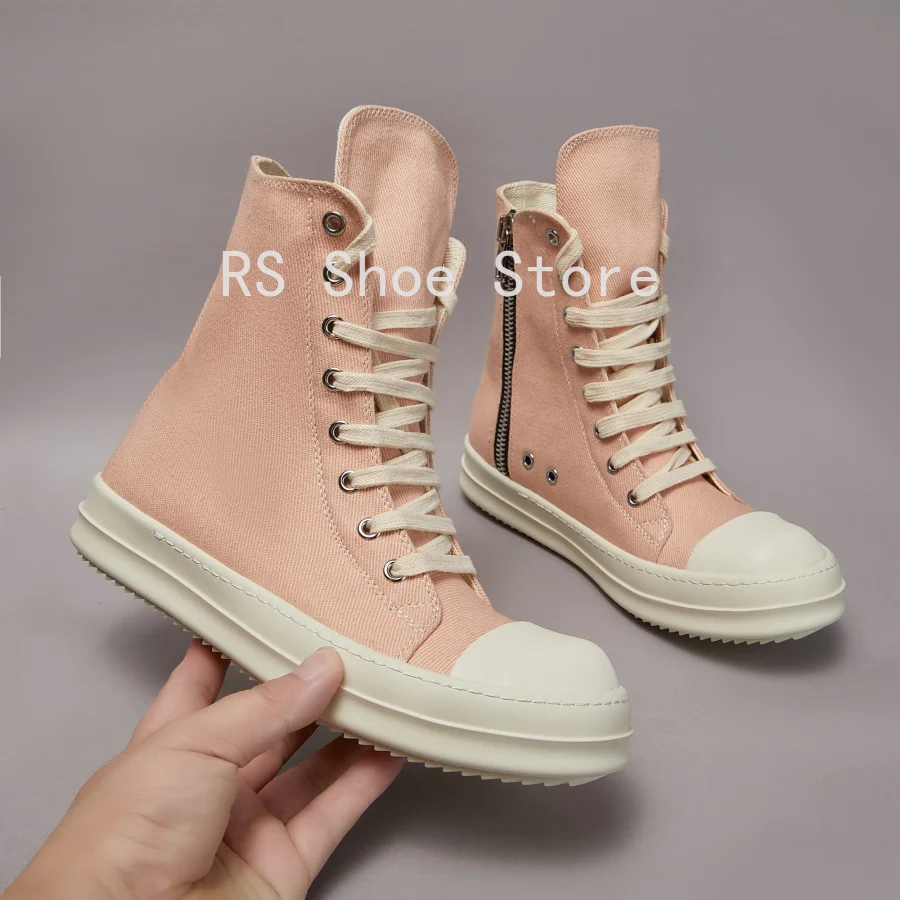 

Ro Men Casual Shoe Women Pink Canvas Shoes High Top Sneaker Ankle Boot Zipper Thick Sole Flat Boots Luxury Sneakers