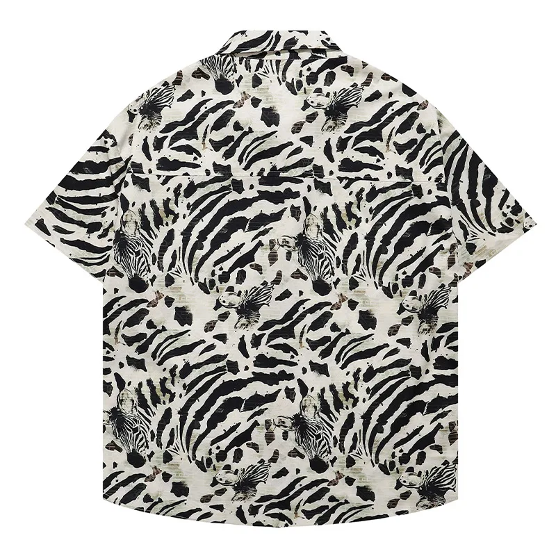 Men Shirts Zebra Print Stylish Harajuku Short Sleeve Shirt Casual Loose High Street Clothing Button Lapel Streetwear Unisex