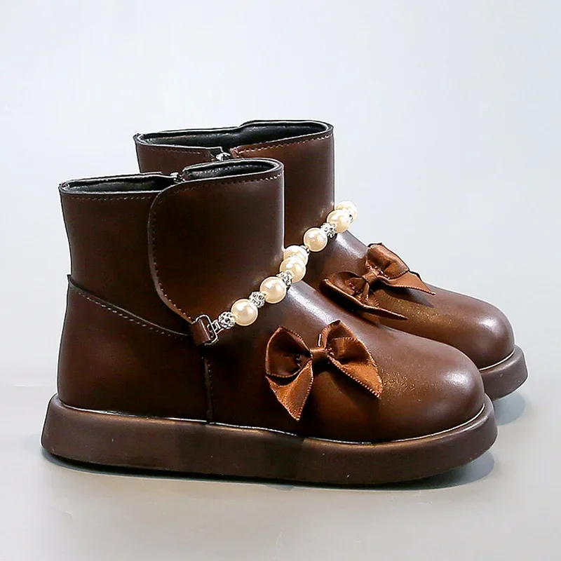 

Размер: 23-35 Модные осенние ботинки принцессы для девочек 2025 — детская кожаная обувь с мягкой подошвой и бантом с жемчужными украшениями