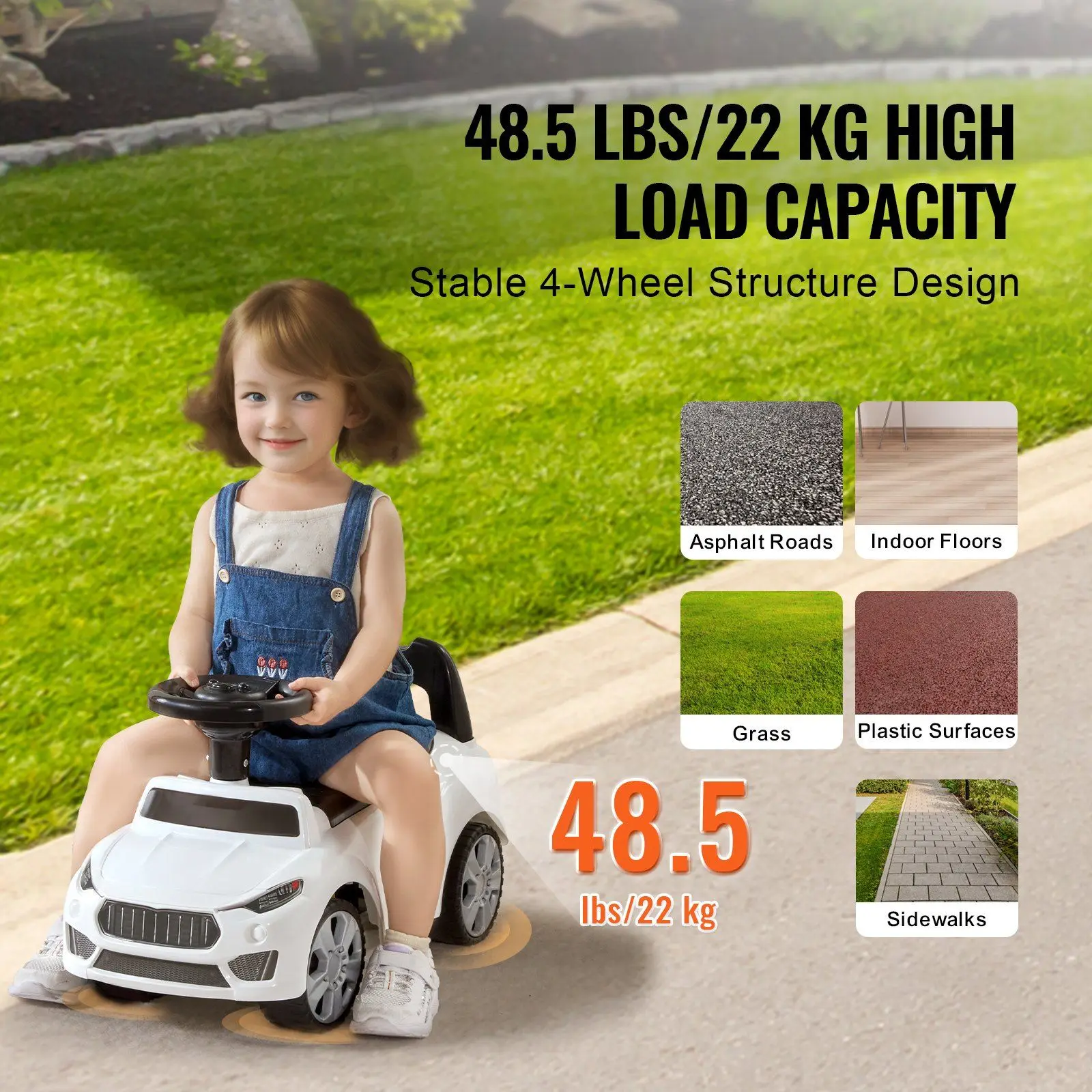 Stylish Ride On Push Car for Kids Aged 1-3 with Electronic Music Wheel Anti-Backward Bar and Seat-Level Storage White