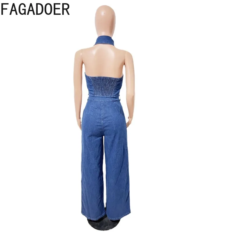 FAGADOER 레트로 패션 Bodycon 데님 점프 슈트 여성 솔리드 컬러 홀터 백 레스 스트레이트 Rompers 여성 streetwear 오버올