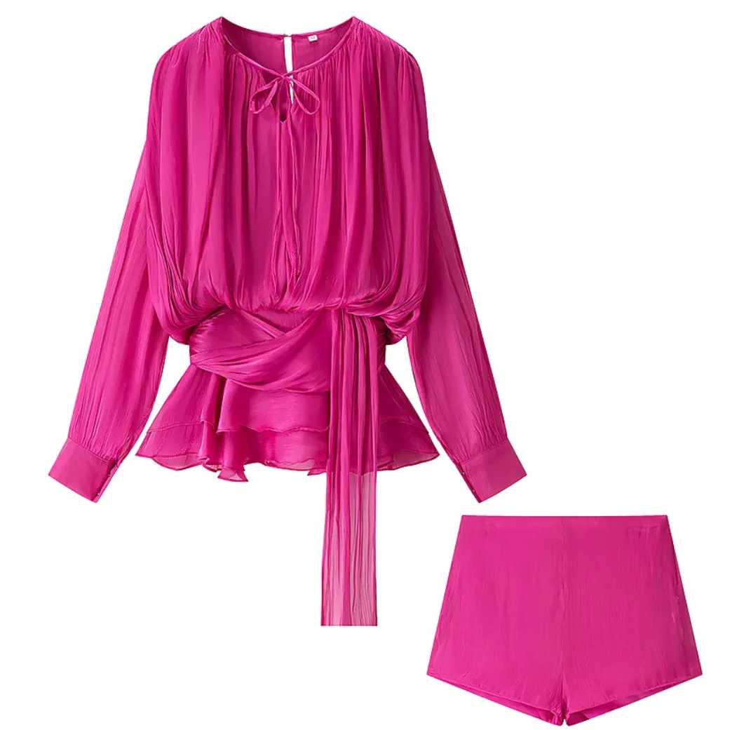 

Fashion Women's Ruffles Short Dress Elegant Round Neck Lace Up Lantern Long Sleeve Mini Female 2025 Solid Dresses