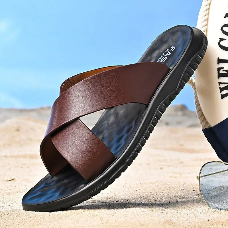 Heren Echt Lederen Luxe Merk Modeslippers 2024 Nieuwe Heren Platte Schoenen Casual Antislip Strandsandalen Zapatos Hombre