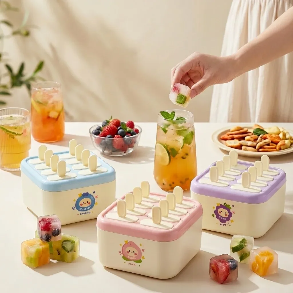 8 Cavities Plastic Popsicle Molds Reusable Ice Pop Molds with Lid Easy Release Double-Layer Ice Cream Maker Kitchen Tools Kids
