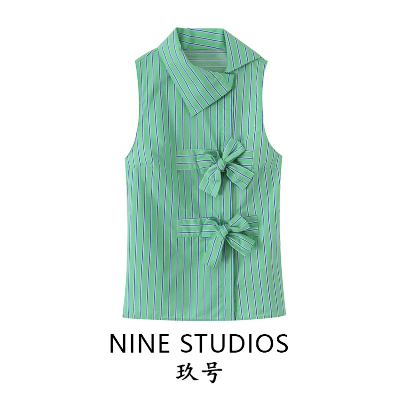 

Hot Girl Knot Sleeveless Asymmetrical Collar Striped Shirt Women's Fashion Summer Breathable Polyester Blouse