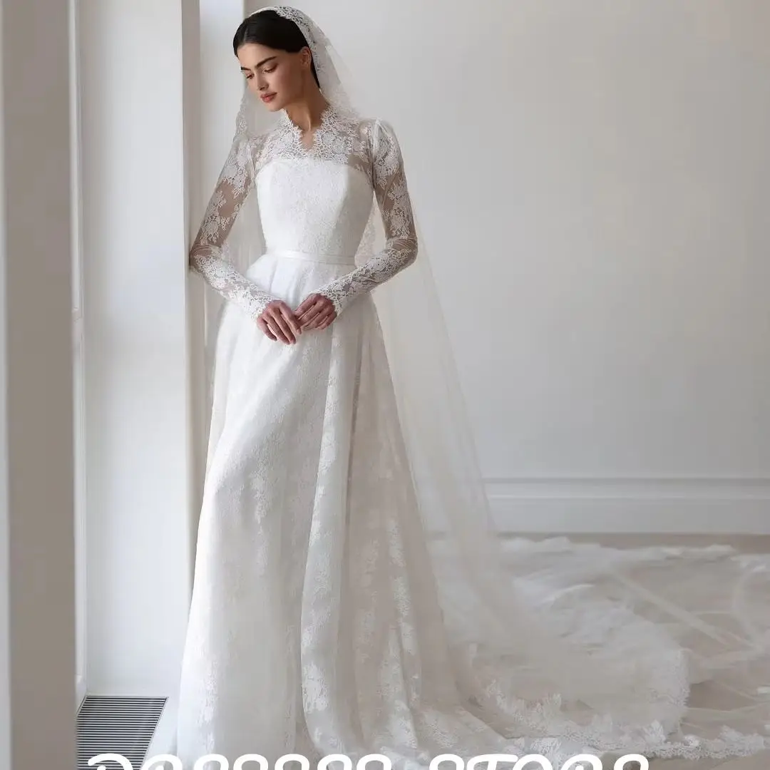 MD Modest A-line Wedding Dresses Bridal Gown Customized V Neck Long Sleeves Exquisite Lace Saudi Bride Dresses Robe De Mariee