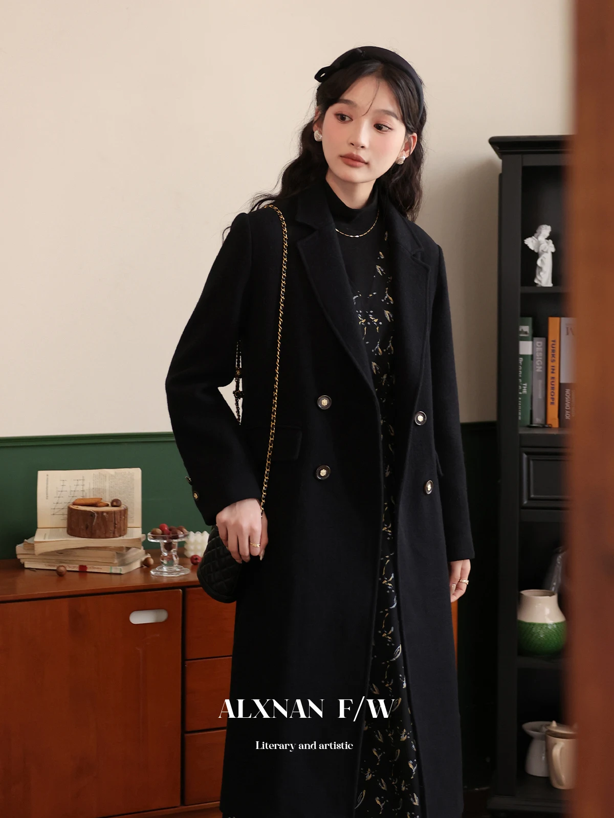 

Ele Bla Woolen Coat by Lu Xiang Nan Korean Sle High Waist Commute Faion Button Detail Long Sve Double Breasted