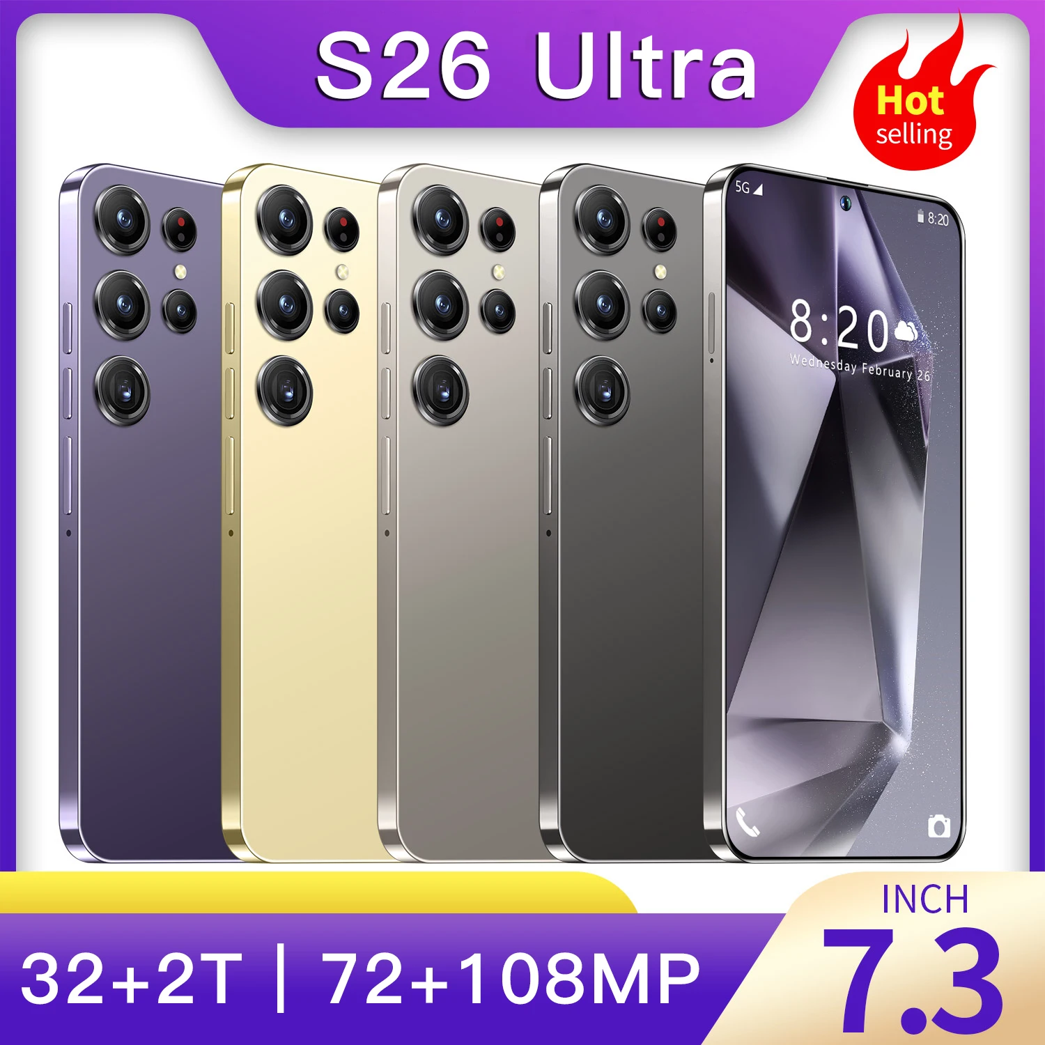 New S26 Ultra Smartphone 5G 7.3 inch 32G + 2T Dual SIM Phone Android14 72MP + 108MP 8000mAh Global EditionPhone Gaming Phone