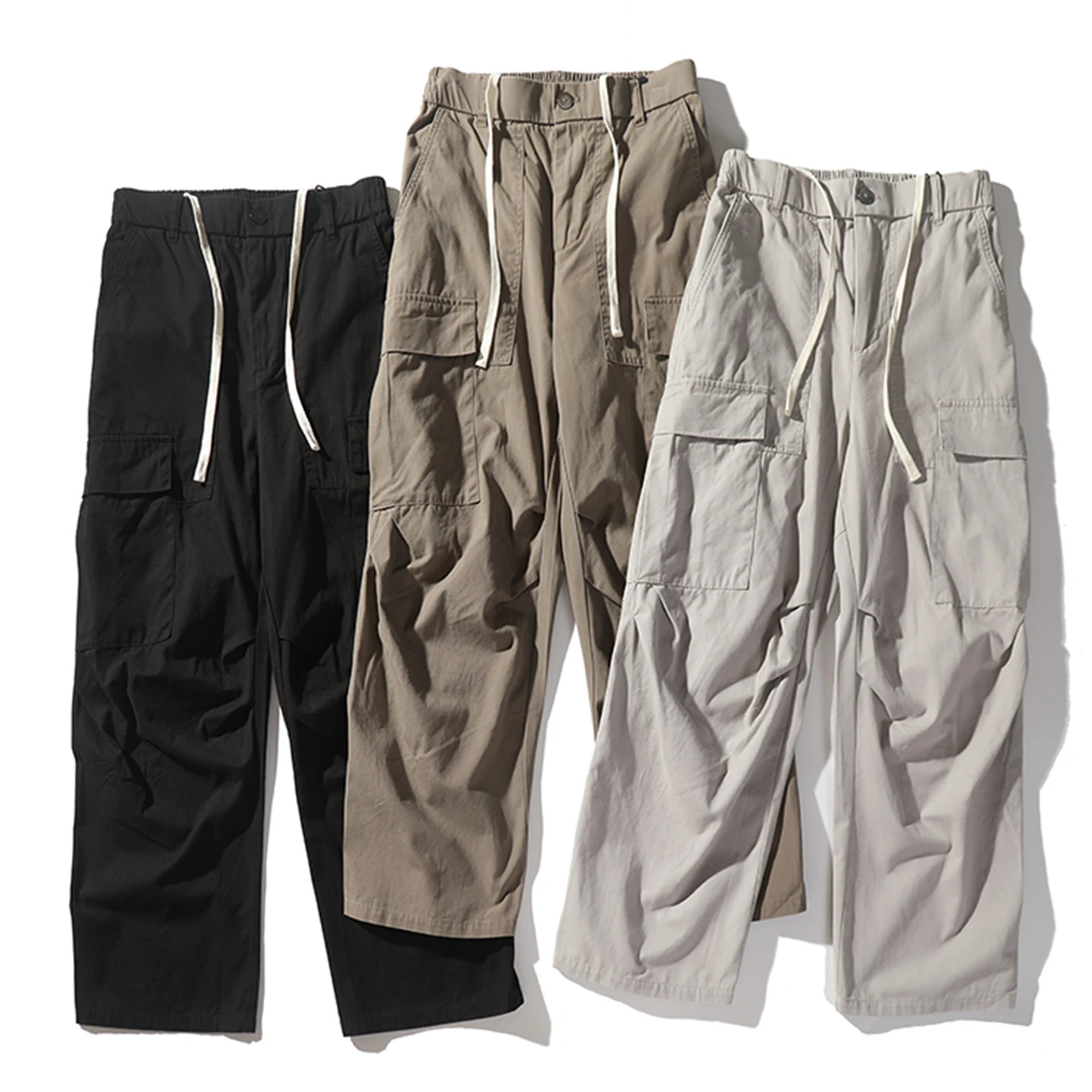 

Japanese Sle Men's Work Pants Straight Leg Cotton Casual Trousers with Big kets Autumn Waed Loose Fit Long Pants