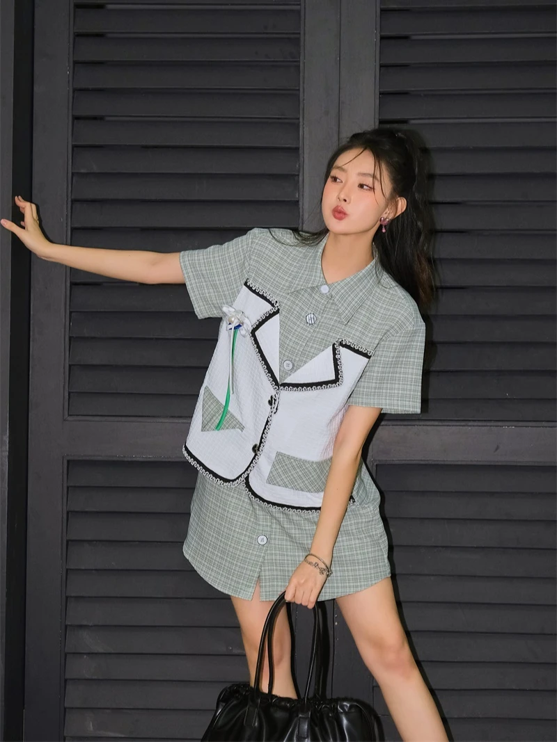 CHEERART Designer Patchwork Plaid Shirt Dress For Women Summer Short Sleeve Button Cute Mini Dress Korean Fashion Clothing