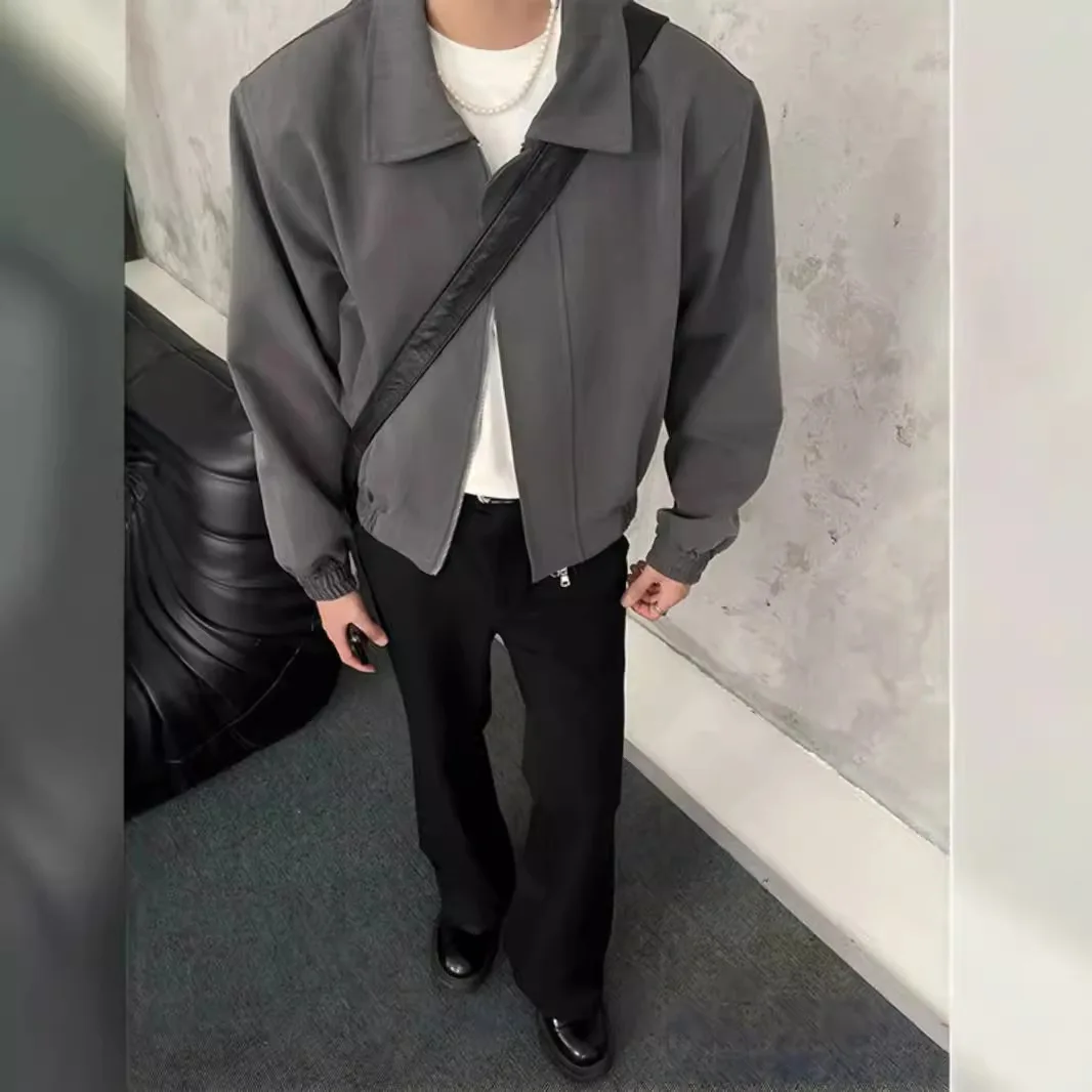 

Корейская версия, мужские однотонные отложные воротники с длинным рукавом, повседневные модные простые базовые свободные куртки, мужские пальто, одежда, топы