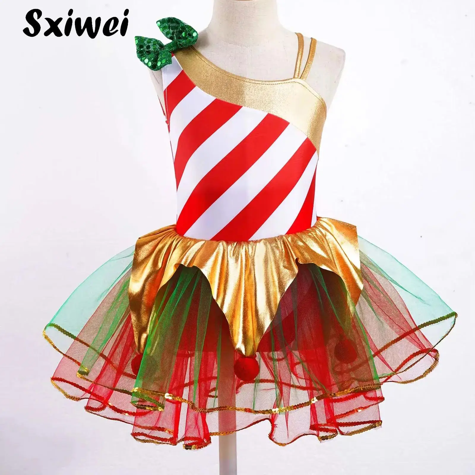 

Kids Girls Christmas Ballet Dance Tutu Dress Asymmetrical Candy Can Mesh Tutu Elf Costume New Year Carnival Party Dancewear