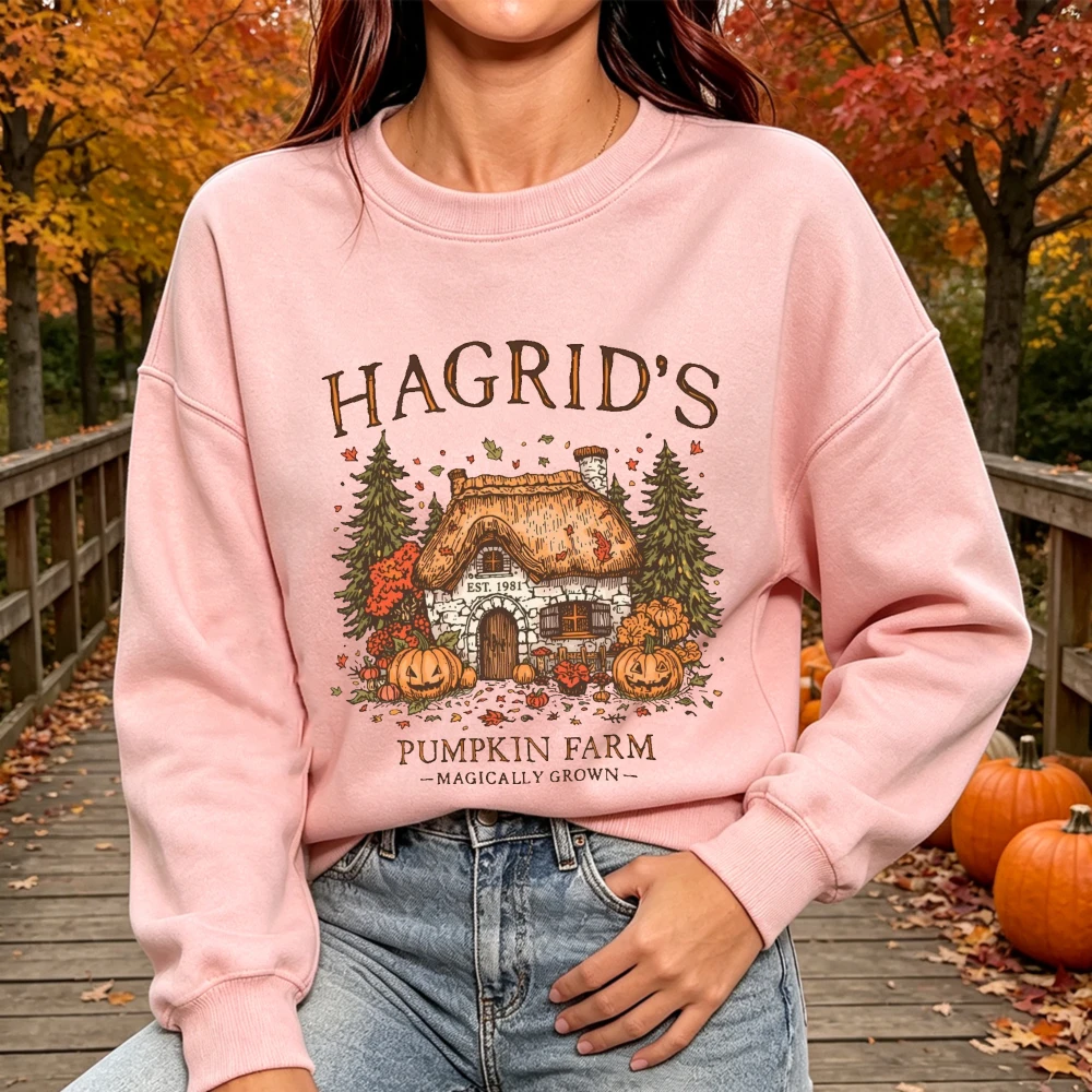 Hagrids Pumpkin Farm Hoodie Womens Magical Cottage Pine Forest Fall Autumn Leaves Vintage Retro Graphic Print Pullover