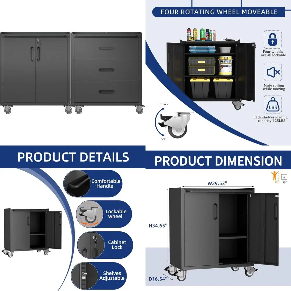 Adjustable Wall and Rolling Locking Tool Cabinets with Doors and Shelves for Garage Storage System