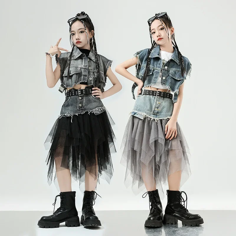 Jazz-Tanz-Outfit-Set für Mädchen, Denim-Stoff, Streetdance, Tanzgruppe, Bühnenbekleidung, Kinder-Modenschau, Aufführung, Kindertanz – Detail 1