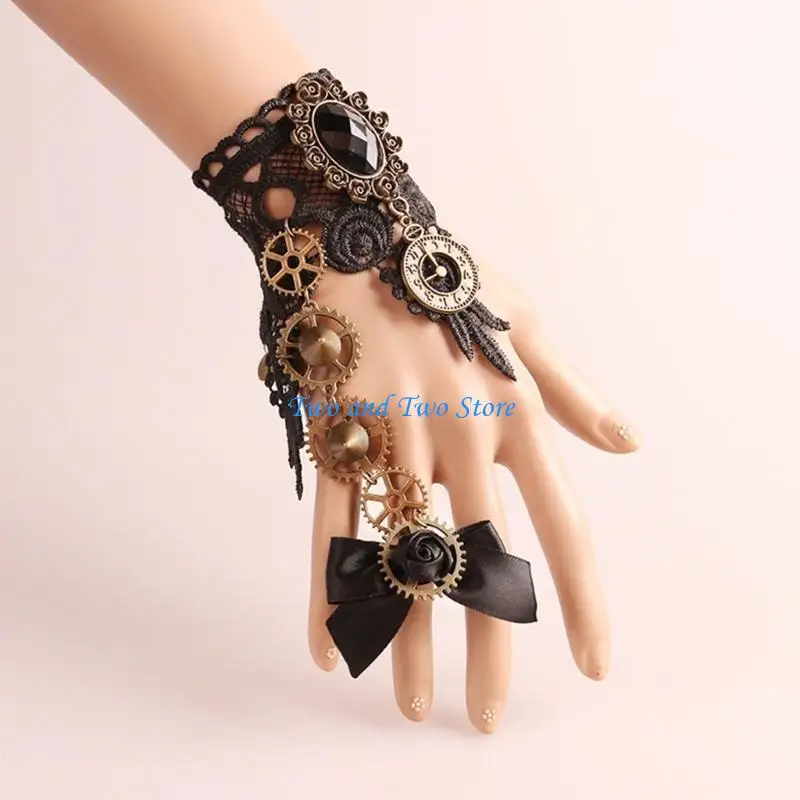 

HX6F Women Bracelet Rings in 2 Colors with Gear Clock Wrist Guard and Adjustable Rings with Long Bracelet Women Cosplay Props