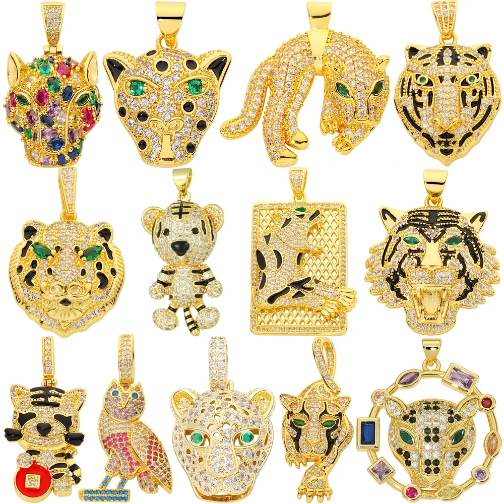 Juya 18K Real Gold Plated Cubic Zircon Bear Lion Bird Tiger Panther Head Leopard Charms For DIY Pendant Necklace Bracelet Making
