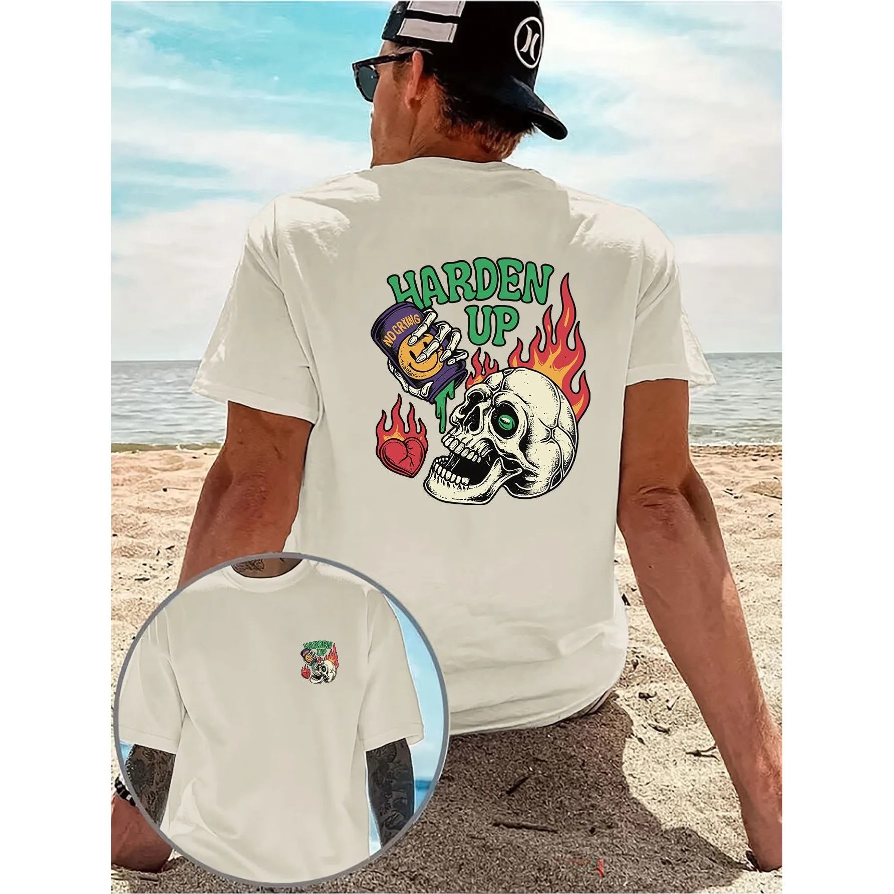 HARDEN UP Skull Flame Print Men's Casual T-Shirt Double-Sided Graphic Short Sleeve Streetwear
