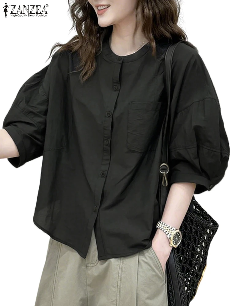ZANZEA Street แฟชั่นขนาดใหญ่เสื้อผู้หญิงหลวม 3/4 แขนยาวรอบคอปุ่ม Chemise ฤดูร้อน Spliced Tops