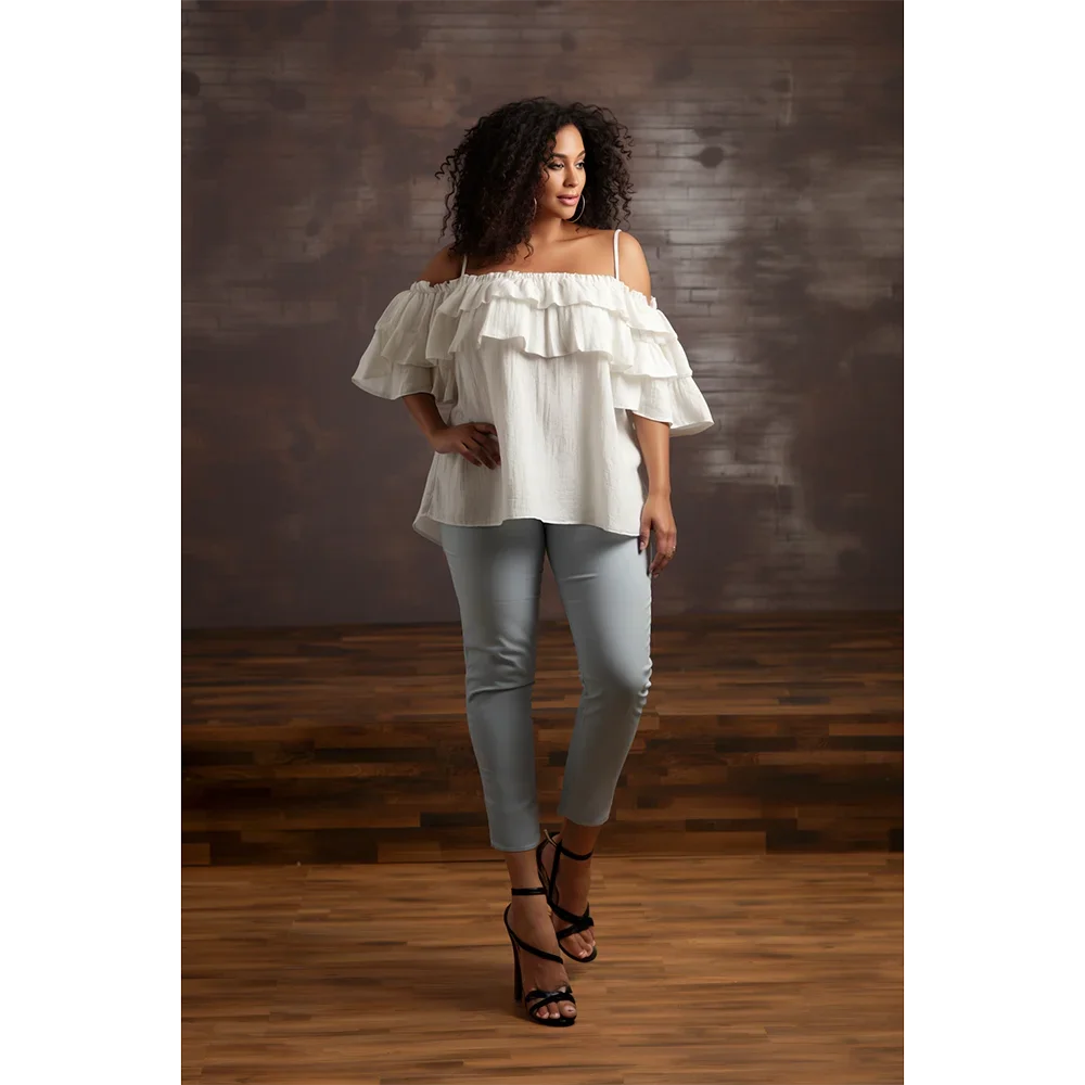 Plus Size Daily White Open Shoulder Short Sleeve Ruffle Linen Blouses