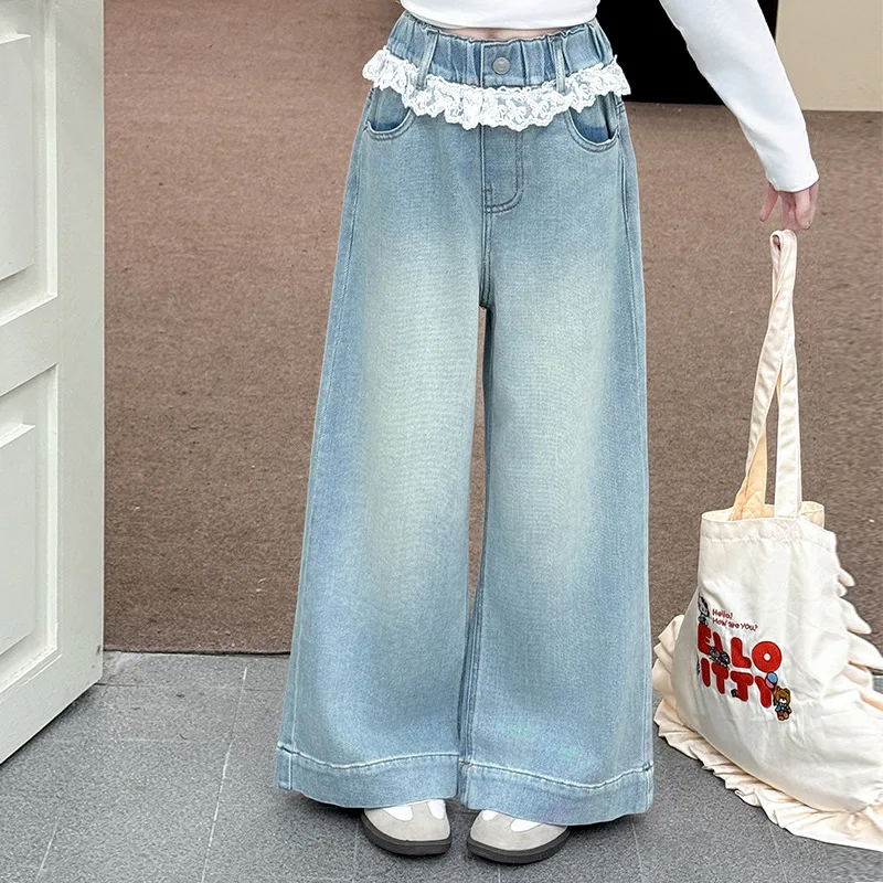 New Style Girls Spring Autumn Cowgirl Jeans With lace Kids Casual Destroyed Denim Pants Child High Street Trousers Clothe