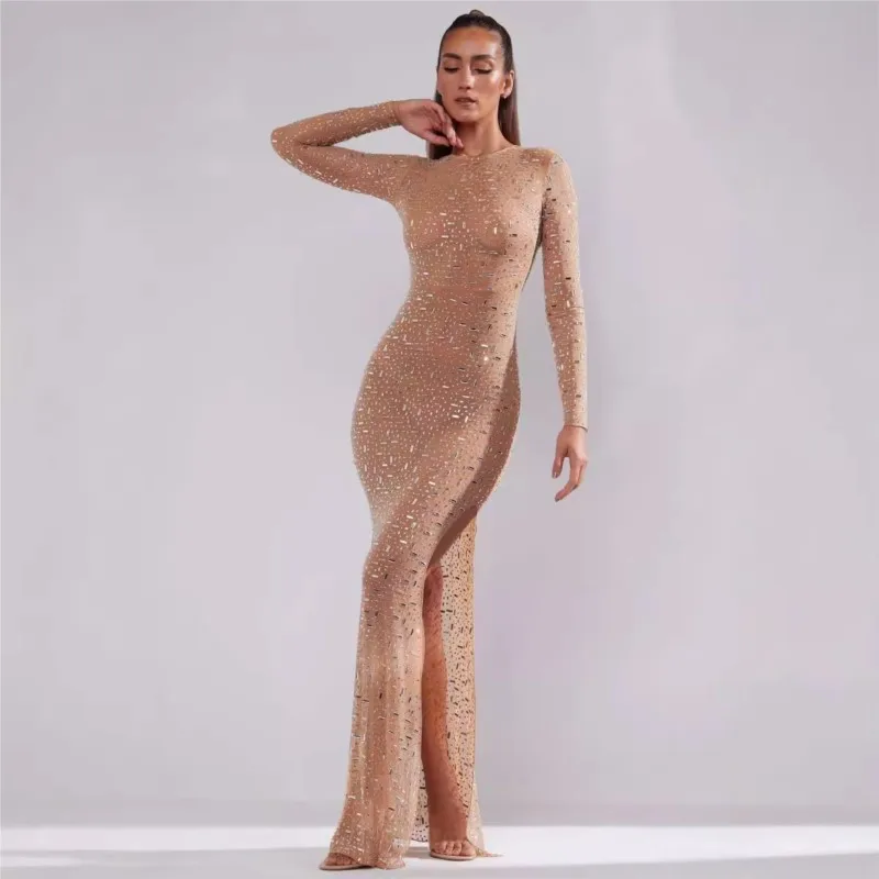 Abito sexy a maniche lunghe con scollo rotondo e strass, vestibilità slim, per la primavera e l'autunno, gonna lunga trasparente alla moda ed elegante da donna