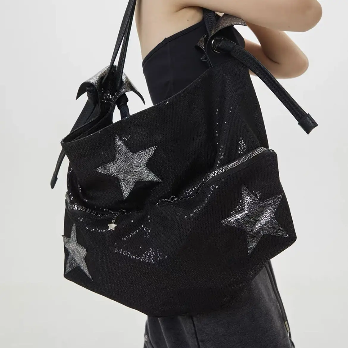 Y2k Star Girls Shoulder Bags Vintage Motor Style Handbag High Capacity Big Grunge Messenger Bag Women Commuter Tote Purse New