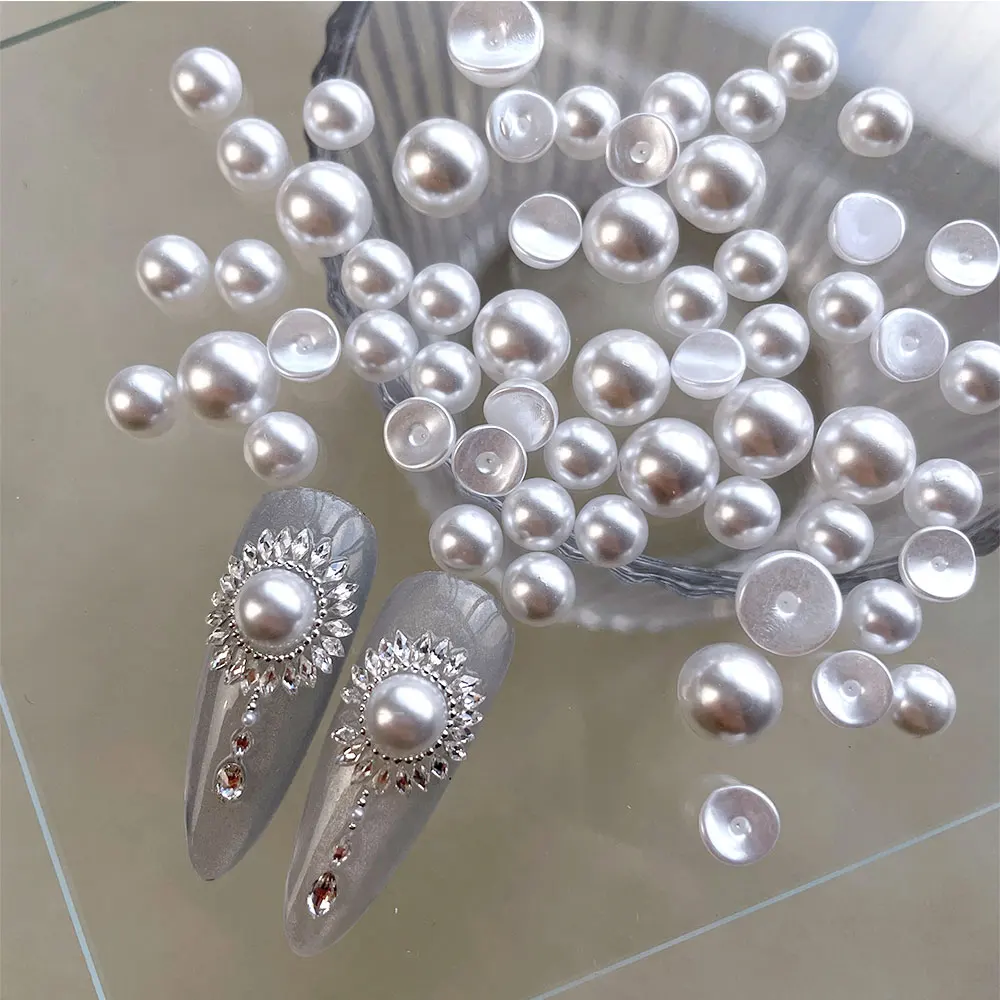 High Gloss Half Round Pearls Mix 6mm 8mm White Curved Acrylic Pearl Half Dome Curved High Shine Imitation Pearl 70/140PCS