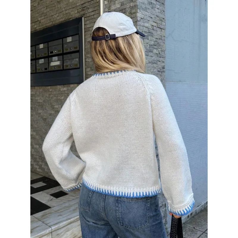 Maglione allentato pullover ricamato retrò girocollo a blocchi di colore 2025 per donna autunno inverno nuovo maglione a maniche lunghe lavorato a maglia
