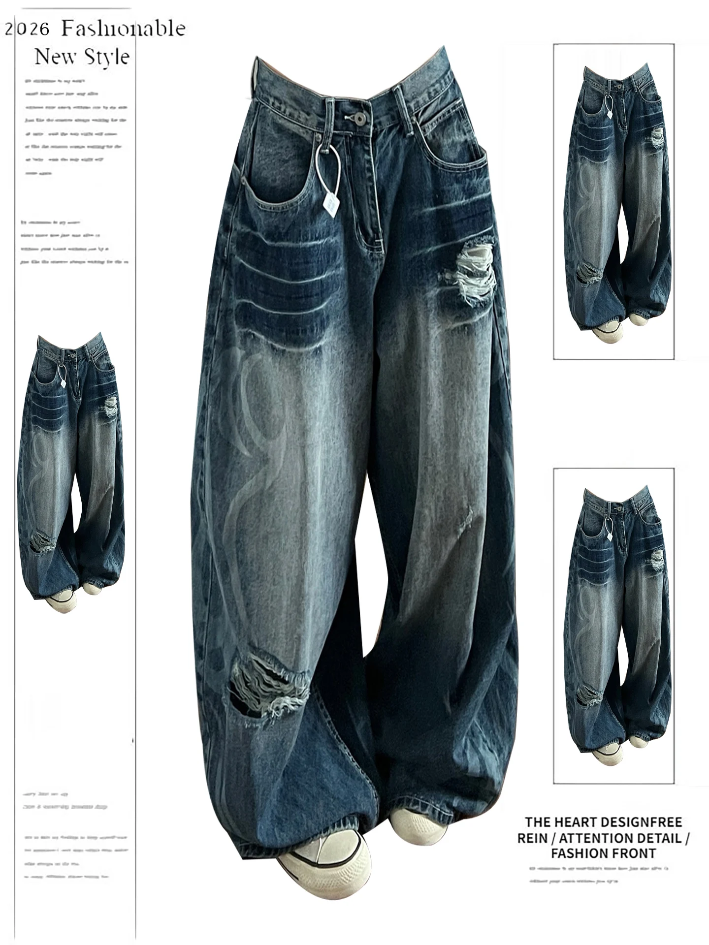 

Retro American Waed Denim Jeans Women's Spring Street Loose Casual Straight Floor-Length Pants Knife Casual Jeans