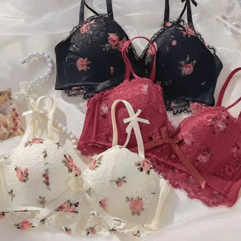Adjustable Steel Ring Bra Floral Print Seamless Wireless Bra Anti-Sagging Sexy Lace Push Up Bra Side Breast Collection