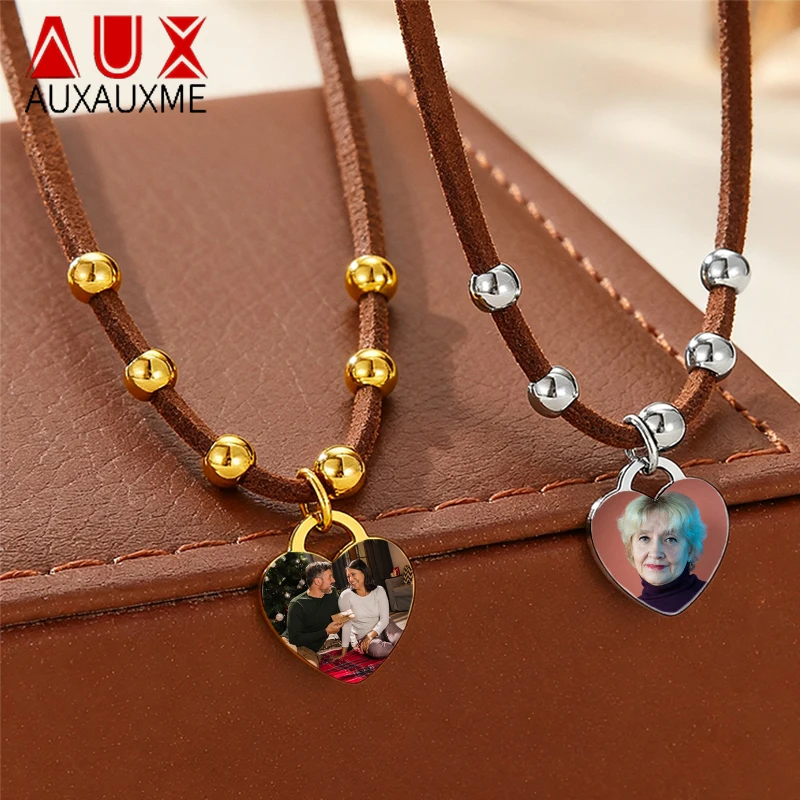 

Auxauxme индивидуальное цветное фото ожерелье в форме сердца, персонализированное ожерелье из нержавеющей стали с гравировкой имени, коричневая веревка, ретро-кулон, ювелирные изделия