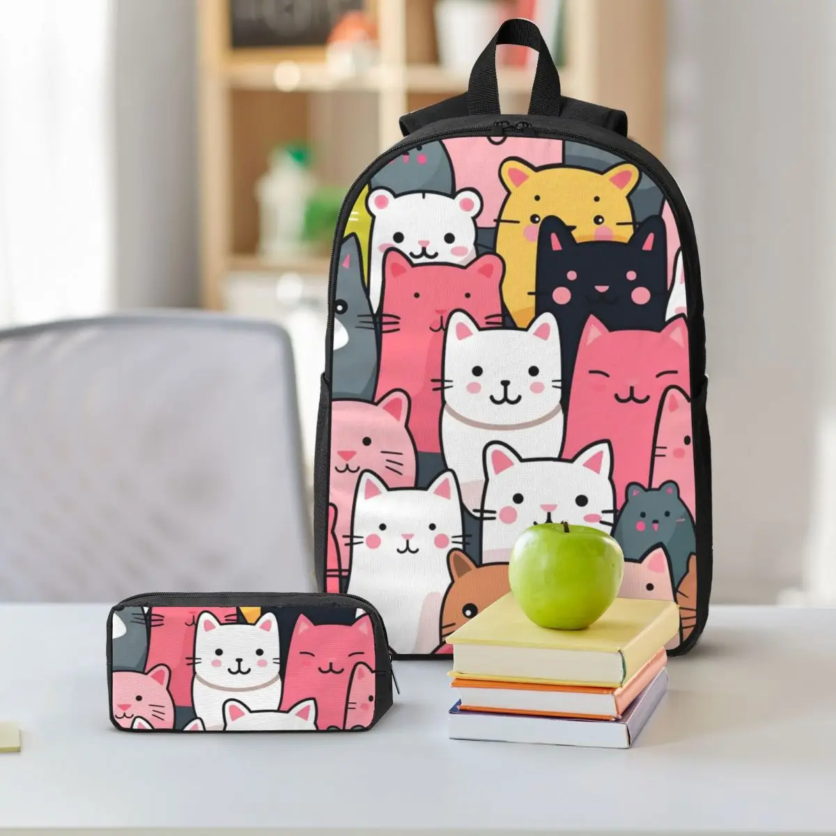 Cartoon Cat Kitten Pattern Backpack Student BookBag School Bag Shoulder Bags 3ps Insulated Lunch Bag Pencil Case