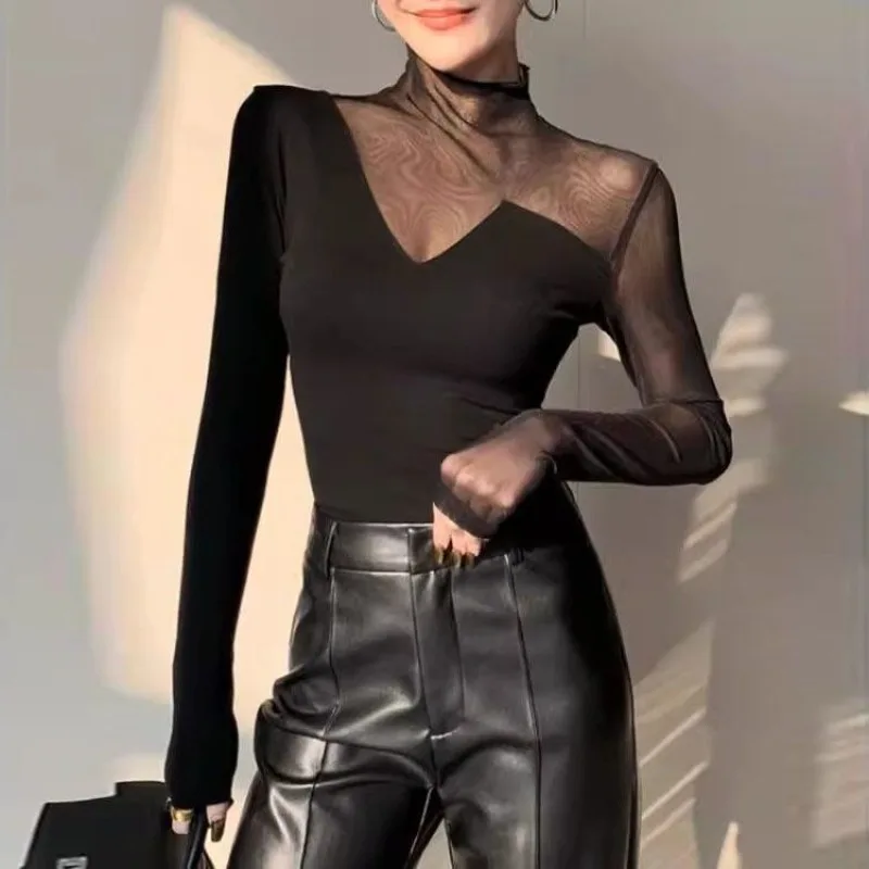 

Design Fashion Temperament Black Half Turtleneck Mesh Splicing Long Sleeve T-Shirt New Slim Sexy Skinny Bottom Top Personality