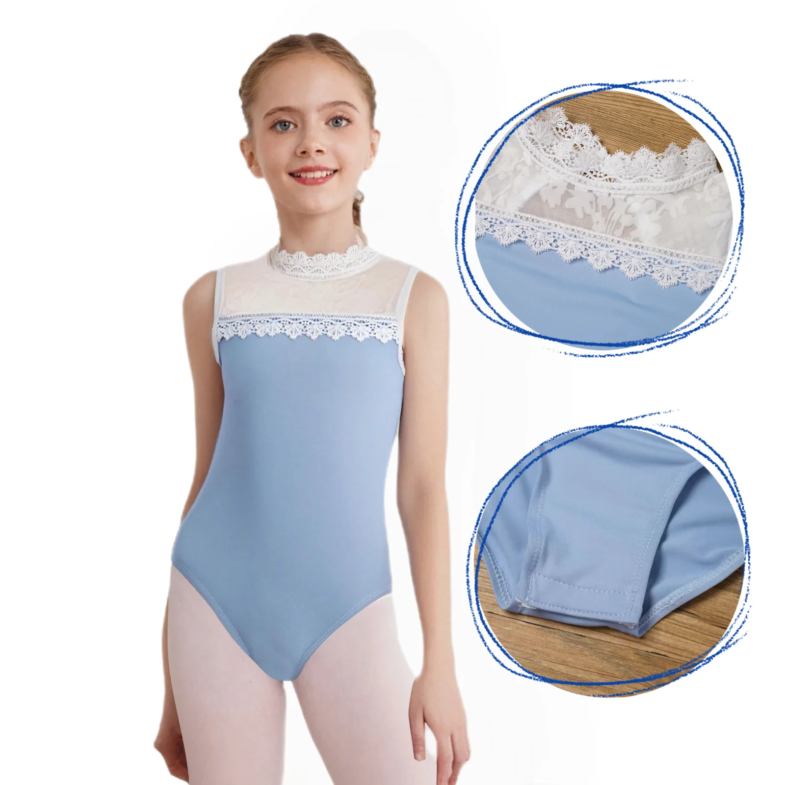 

Kid Girl Ballet Gymnastics Leotards Practice Performance Costumes Lace Sleeveless Leotards Sheer Jacquard Mesh Skating Bodysuits