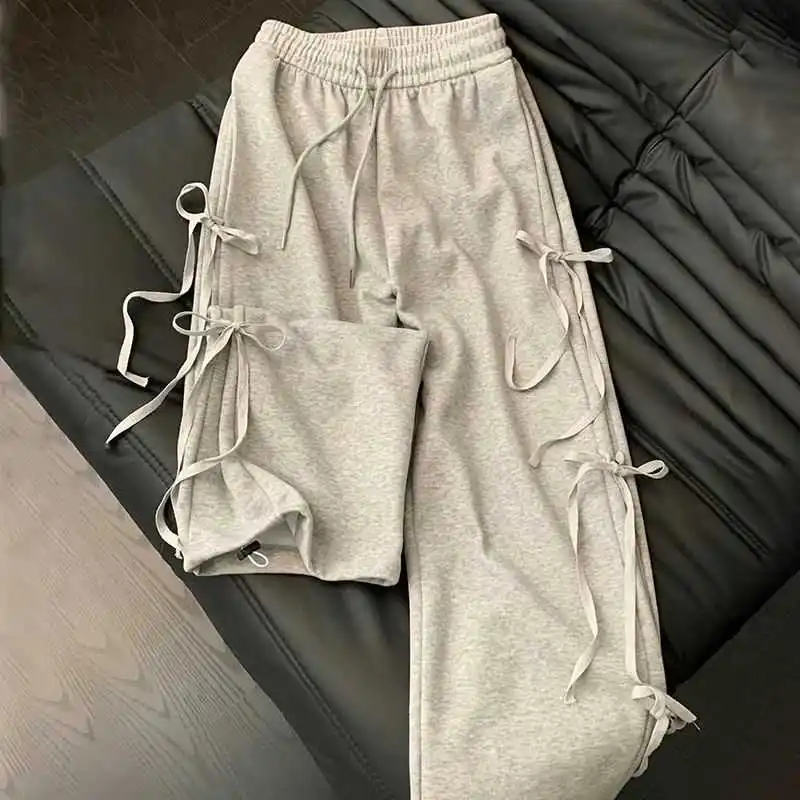 

Широкие брюки с высокой талией в стиле ретро для женщин, повседневные удобные свободные брюки с прямыми штанинами на шнуровке и бантом