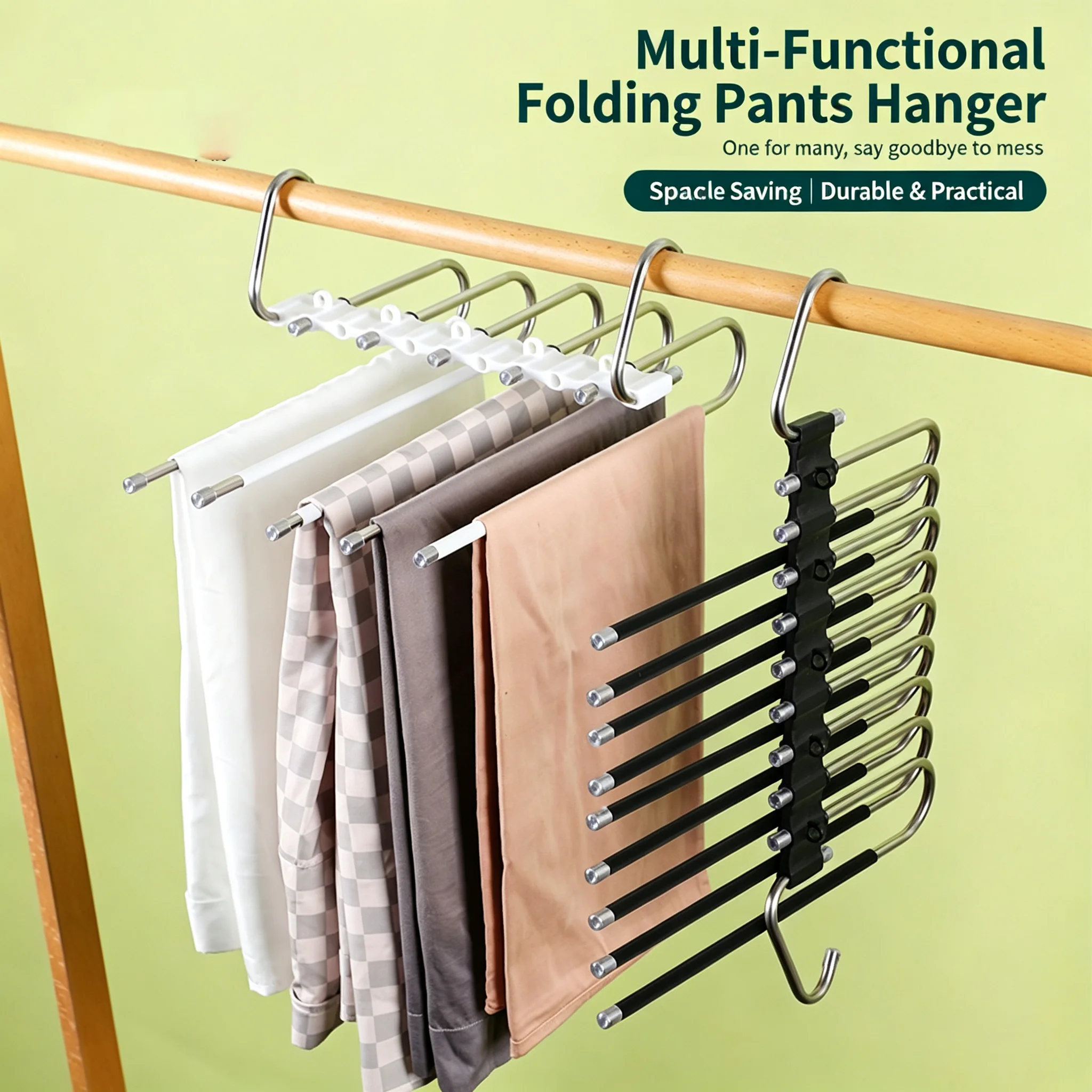 1 Stück/2 Stück Edelstahl 5-Schicht-Magischer Hosenbügel - Robuster, mehrschichtiger Hosenhalter mit spurlosen Magie-Clips, multifunktionaler, faltbarer, platzsparender Kleiderschrank-Organizer,