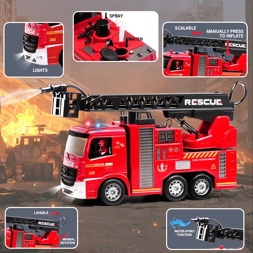 2 em 1 conjunto de controle remoto caminhão de bombeiros brinquedo engenharia veículo de construção com escada resgate alarme luz mangueira bomba água crianças presente