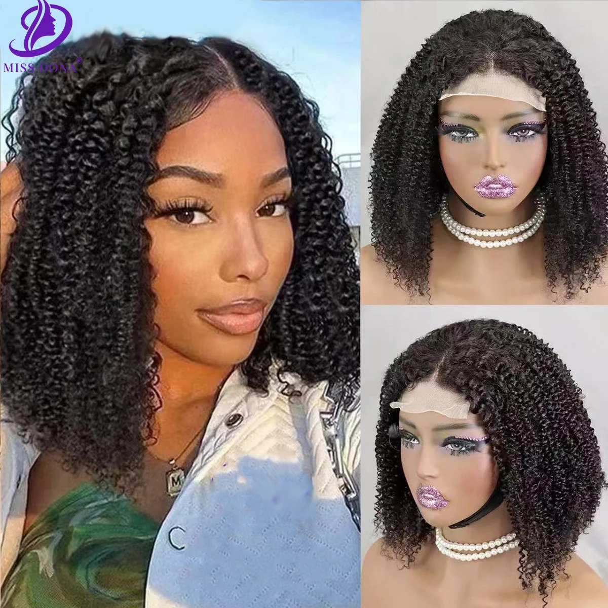 

Afro Coiled Kinky 4x4 Lace Closure Wigs Parted Afro 300% Density Brazilian Remy Human Hair Wig for Black Women