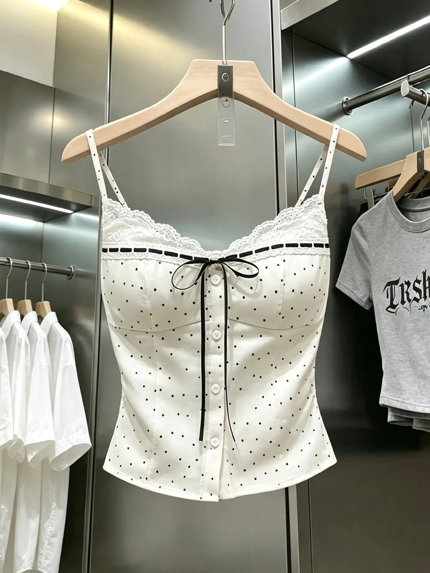 Sweet Girl Polka Dot Lace Strap Vest  Knot Waist Cinching Top Thirteen Rows New Women's Fashion Breathable Short Length