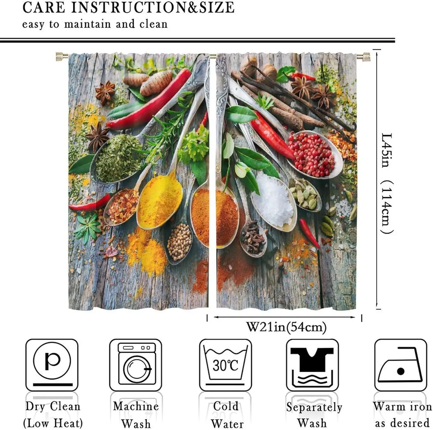 Colorful Seasoning Kitchen Curtains Rustic Spice Food Vegetable Curtain with Rod Pocket for Living Room Apartment Home Decor