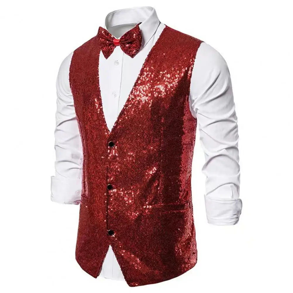 Weddings Formal Sequin Vest Men Sequin Vest Sequin Slim Fit V Neck Men's Waistcoat with Bow-knot for Stage Performance Compere