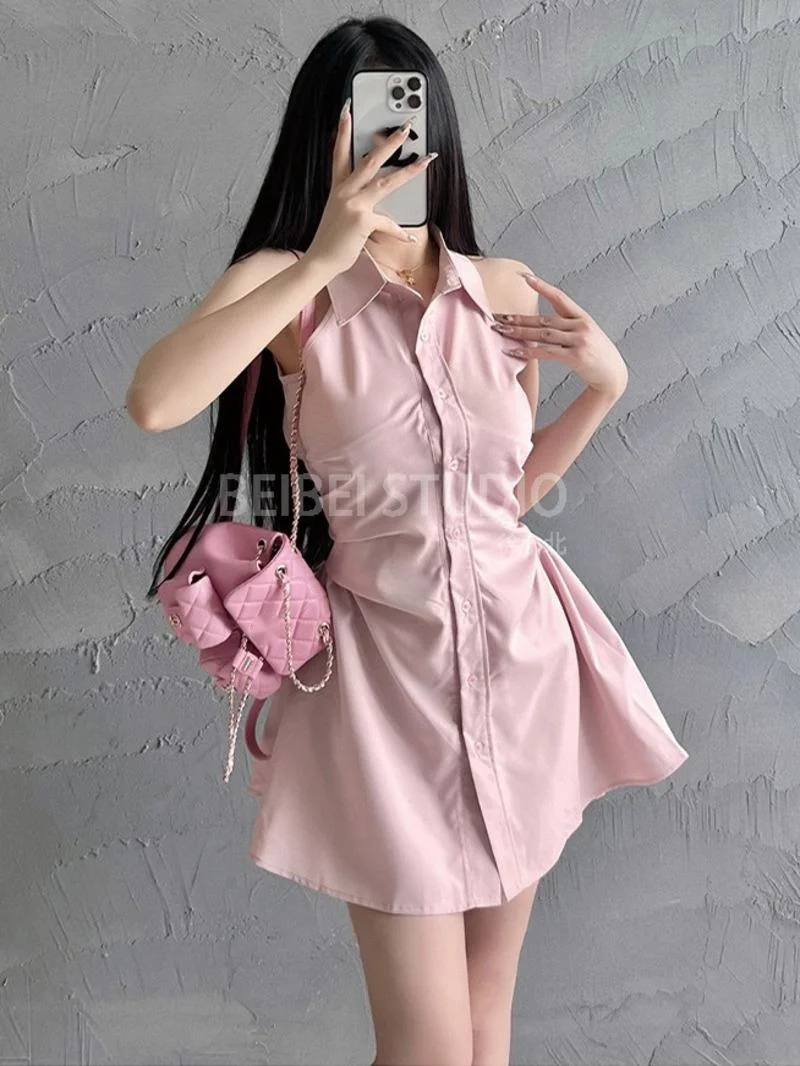 Style Pure Desire Short Mini Dress Female Spicy Girl Hanging Neck Dress Elegant Off Shoulder Shirt Summer Waist Polo Collar 5WIK