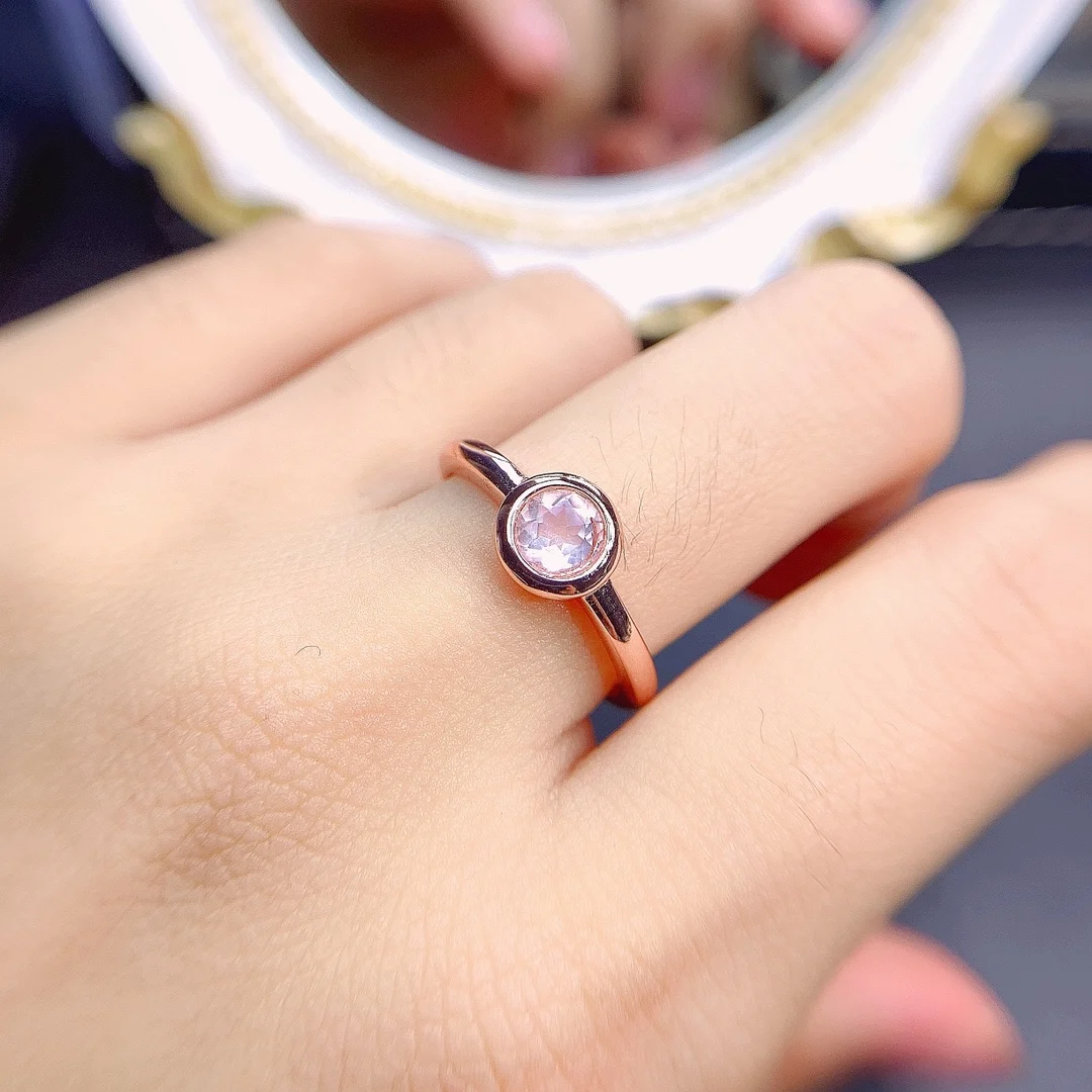 

Natural Rose Quartz Ring Bezel Setting 5mm Sterling Silver Solitaire Women's Ring For Anniversary Birthday Gift