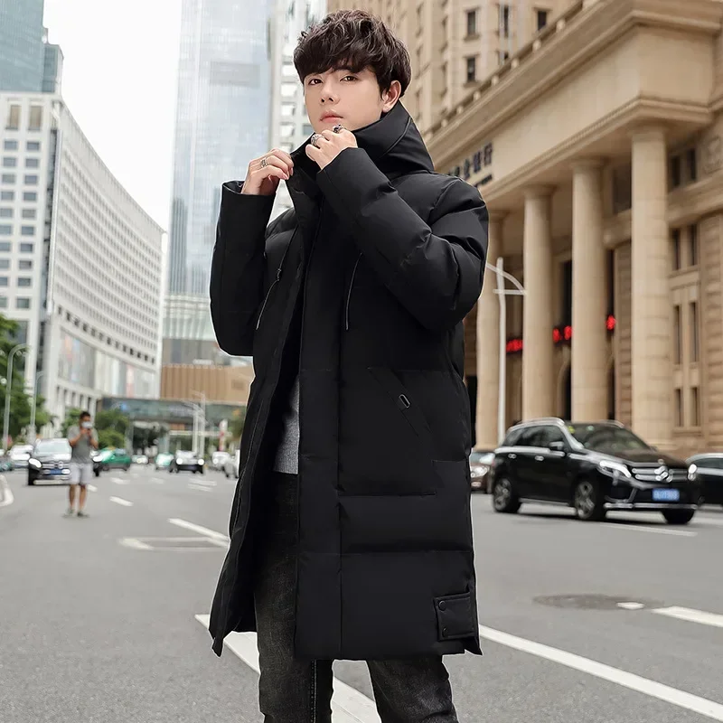 Men Parkas Thickened Hooded Winter Down Coat Solid Color Padded Cardigan Midi Length Zip Up Men Coat For Daily Wear